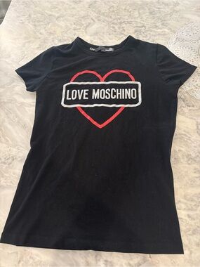 Love Moschino Black Tee with Red Heart and glitter silver writing